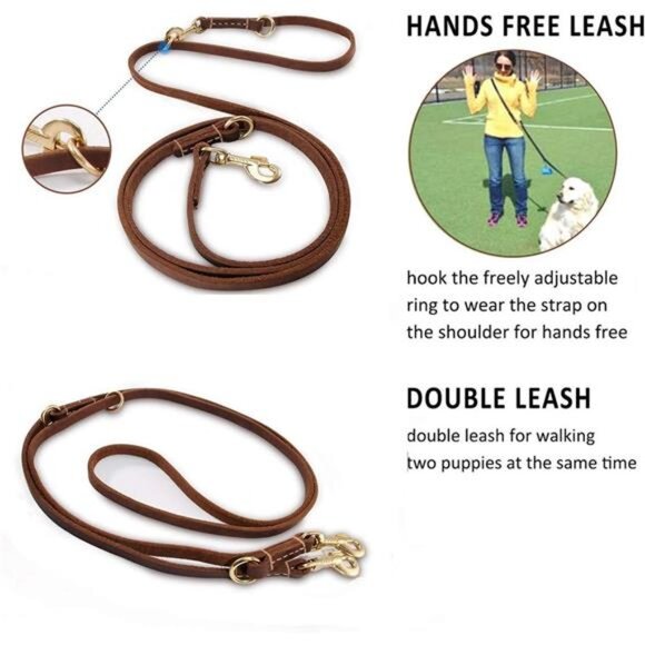 Multi Function 8ft Leather Dog Leash, Genuine Leather Hands Free Leash - Picture 3 of 7